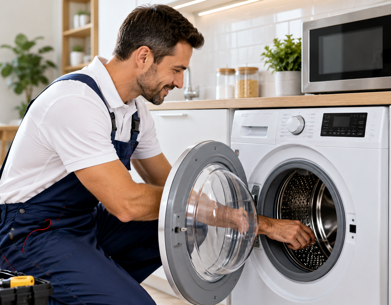Technician examining the drum of a front-load washing machine